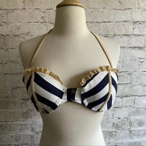 Beach Bunny Navy Blue White Gold Nautical Stripe Bandeau Halter Bikini Top